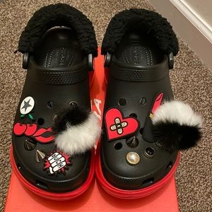 CROCS Black and Red Classic Clog with Charms and Fuzzy Pom Accents